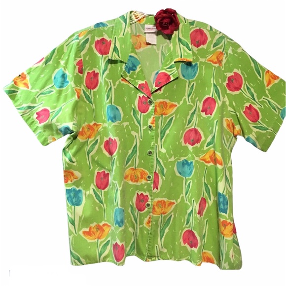 BOBBIE BROOKS PLUS BUTTON UP TOP 38 FLORAL TULIPS SHORT SLEEVE ARTSY PINK GREEN - Picture 1 of 7